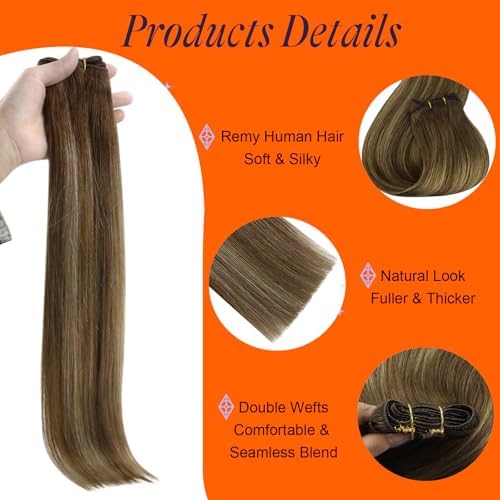 Full Shine Weft Hair Extensions Human Hair Medium Brown and Blonde 12 Inch 80g - Image 3