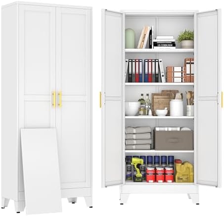 71" White Metal Storage Cabinet with 2 Doors and 4 Adjustable Shelves,Steel Garage Tool Cabinet, File Cabinet,Kitchen Pantry Cabinet for Home,Office,Garage,School,Warehouse by BAOLIWO