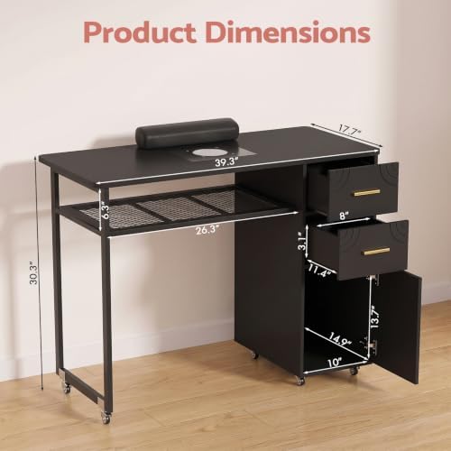 Manicure Table Nail Desk with Dust Collector & Wheels (Black) - Image 2