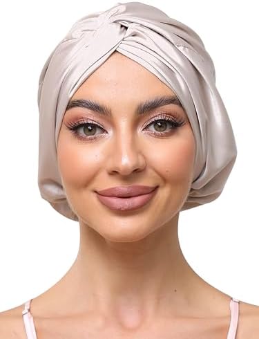 Champagne Adjustable Silk Bonnet Satin Curly Hair Wrap for Sleeping Women by KAAHYNNO