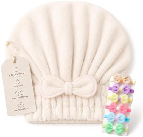 Coral Velvet Cute Bow Bath Cap for Women, Ultra Soft Absorbent Hair Drying Cap, Quick Dry Hair Towel Wrap, Towel Turban for Wet Hair, Curly, Long & Thick Hair (3, Beige) by Unknown