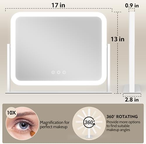 ROLOVE Lighted Makeup Mirror, 17"x13" Vanity Mirror with Lights, 10X Magnification, Gifts for Women, 3 Color Lighting Modes, Smart Touch Control, 360° Rotation for Bedroom or Tabletop (White) - Image 2