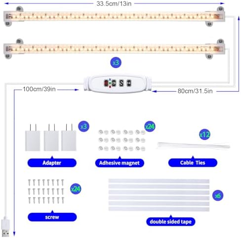 Hywyimlait 13 Inches Strip Growing Lamp for Indoor Plants, 3500K Full Spectrum LED Grow Light Strips with Auto ON/Off, 3/9/12H Timer & 10 Dimmable Levels for Green House Succulent (2 Head×3 Pack) - Image 6