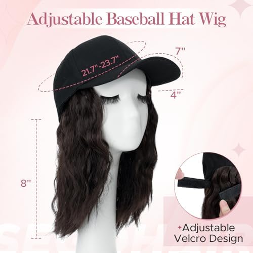 SEGO Baseball Cap with Hair Extensions for Women Heat Resistant Synthetic 8" Adjustable Long Curly Hairpiece Replacement Wigs in Black Hat for Girls 6A Dark Brown - Image 3