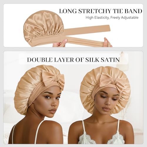 Silk Bonnet for Sleeping Satin Hair Bonnet Double Layer Adjustable Sleep Cap with Elastic Tie Band - Image 5