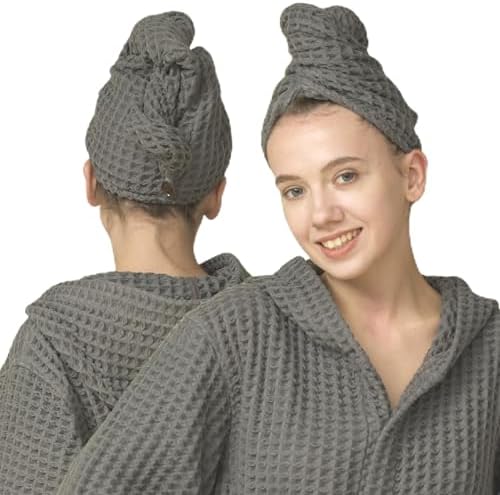 Luxury Organic Japanese Cotton Hair Drying Waffle Towel Wrap for Women | Absorbent, Quick-Dry Head Turban for Shower, Sauna, Spa | Extra Large for Long, Curly, Straight Hair With Button (Grey, 2 Pc) by KOSMU