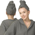 Luxury Organic Japanese Cotton Hair Drying Waffle Towel Wrap for Women | Absorbent, Quick-Dry Head Turban for Shower, Sauna, Spa | Extra Large for Long, Curly, Straight Hair With Button (Grey, 2 Pc) by KOSMU