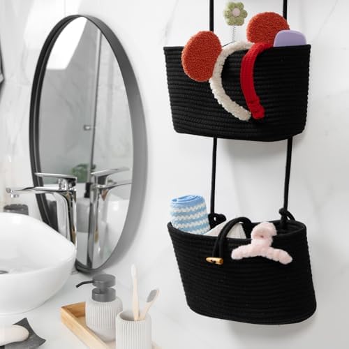 TeoKJ Over the Door Hanging Baskets with Button Strap, 3-Tier Woven Cotton Storage Organizer Bag, Wall-Mounted with Hook Decorative Hanging Nursery Baskets - Black - Image 4