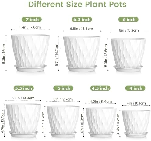 Meowell 7/6.5/6/5.5/5/4.5/4 inch Plant Pots for Indoor Outdoor Plants, 7 Pack Thick Flower Pots with Drainage Holes and Saucers, Modern Wave Texture Plastic Planter Pots for Nursery, Succulent, White - Image 2