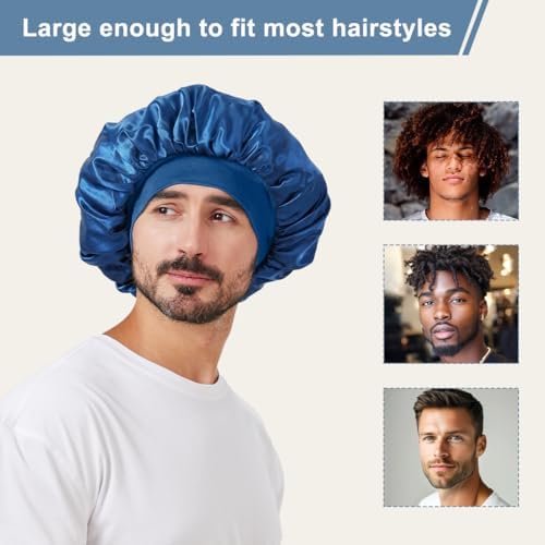 2 PCS Satin Silk Bonnet for Men Women, Hair Bonnet for Sleeping Men with Elastic Band, Large Silk Bonnet for Men Women Curly Hair Braids (Blue+Blue) - Image 5