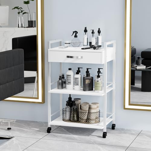 OmySalon Salon Trolley Cart with Wheels, Esthetician Cart with 1 Drawer & 2 Trays, Mobile Storage Organizer for Beauty Spa Massage Tattoo Esthetic Facial Tool Holder Station, White - Image 2