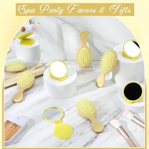 Meanplan 24 Pcs Mini Hair Brush Set Travel Wet Dry Hair Combs Pocket Detangling Compact Folding Makeup Mirrors for Spa Sleepover Birthday Bridal Shower Bachelorette Christmas Party Gift(Yellow) - Image 4