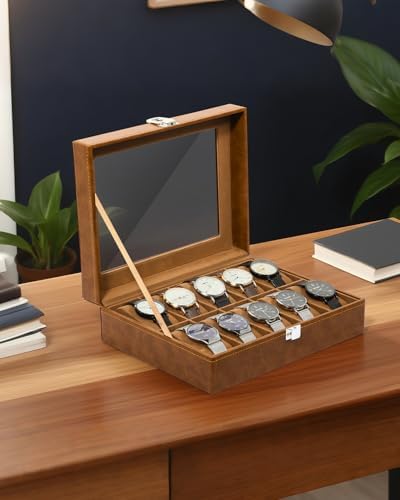 Uten 10-Slot Watch Box, PU Leather Watch Case with Glass Lid, Brown - Image 2