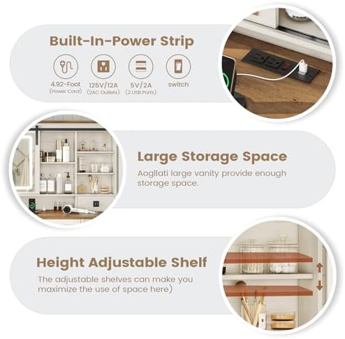 AOGLLATI Farmhouse Makeup Vanity Desk with Lights & Charging Station,Vanity Desk with Mirror and Lights, 47.2” Large Brown Vanity Table with Ample Storage Space and Sliding Mirror (Antique White) - Image 5