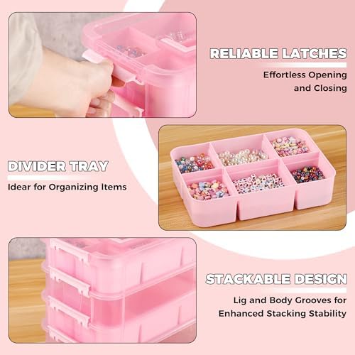 CraftGenes Art Supply Storage Organizer, 4-Tier 10 Qt Box, 2 Trays, Pink - Image 4