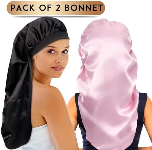 2Pcs Long Satin Bonnet Sleep Caps, Braids Bonnet, Black+Pink - Image 6