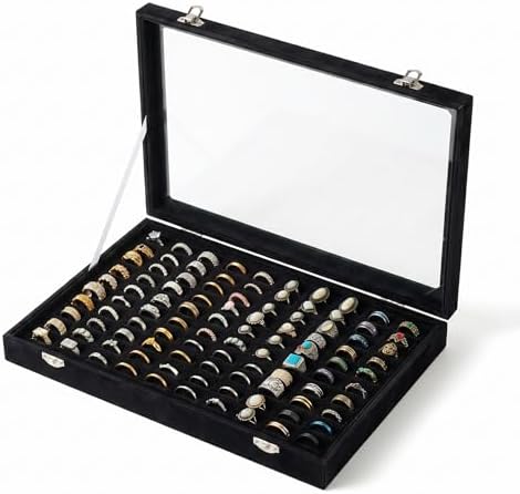 Frebeauty 100 Slots Ring Organizer Tray,Velvet Ring Box with Clear Lid by Frebeauty