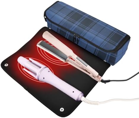 Tartan Plaid Blue Hair Tools Travel Bag Portable Travel Organizer Pouch with Heat Resistant Mat Carrying Case for Hair Dryer Curling Iron Flat Irons - Image 2