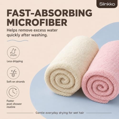 Microfiber Hair Towel Wrap for Women – Ultra Absorbent Quick Dry Turban | Button & Loop Design | Soft Lightweight Fabric | Reduces Frizz & Breakage | All Hair Types | Pink & Beige - Image 5