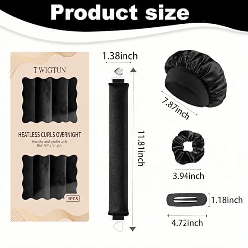 Heatless Curls Overnight Hair Curlers Set – 4PCS Jumbo Velvet Rollers with Shower Cap, No-Damage Flexi Rods for Beautiful Waves(BLACK) - Image 6