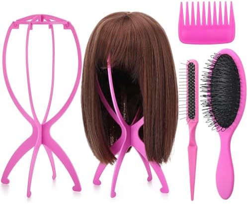 ProSuites 2 Pack Pink Wig Head Stand with 3 PCS Wig Brush Comb, Travel Wig Holder Comb Set for for Women Multiple Wigs by ProSuites