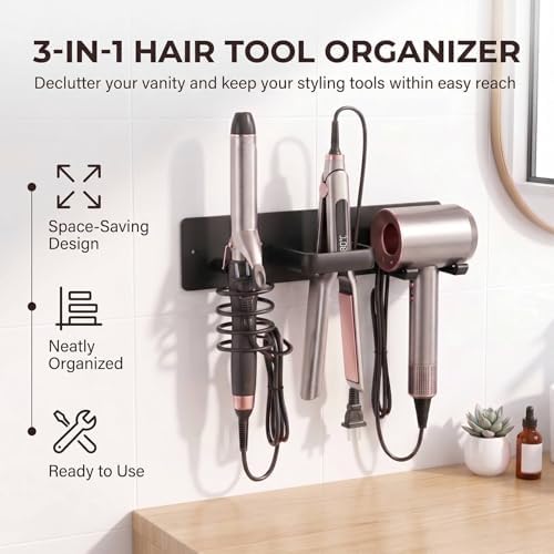 Hair Dryer Holder Wall Mounted, 3 in 1 Metal Hair Tool Organizer - Image 2