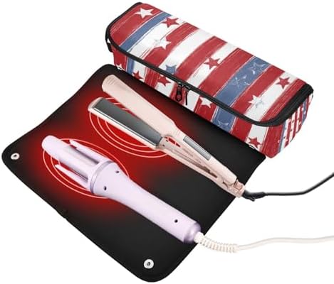 Hair Tools Travel Bag with Heat Resistant Mat 2-in-1 Hot Tools Travel Bag Organizer Flat Curling Iron Travel Case for Straightener Red and Blue Stars Independence Day - Image 2