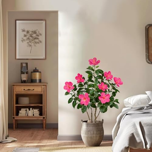 Briful Artificial Hibiscus Tree 2.95ft Tall Real Touch Fake Tree with Pink Flowers Potted Faux Plant Indoor Realistic Floor Plants for Front Porch Outdoor Home, Patio Decor - Image 6