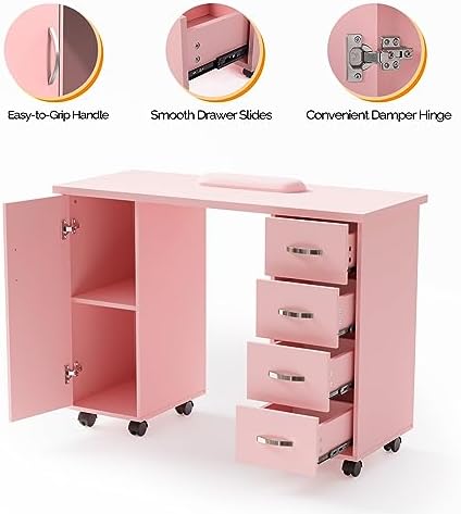OmySalon Manicure Table Nail Desk with Cabinet, Drawers, Wheels & Wrist Rest, Spa Salon Beauty Home Wooden Technician Workstation for Nail Tech, Pink - Image 5