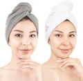 American Soft Linen 100% Cotton Hair Towels for Women, Head Towel Cap, Cotton Hair Turban Towel Wrap for Hair, Soft and Absorbent Cotton Hair Towels 2 Pack, White-Light Gray by AmericanSoftLinen