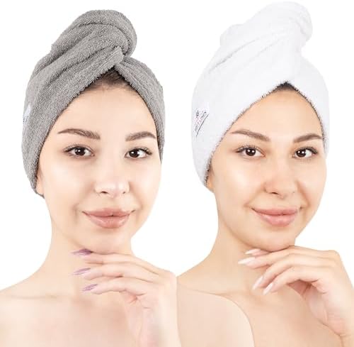American Soft Linen 100% Cotton Hair Towels for Women, Head Towel Cap, Cotton Hair Turban Towel Wrap for Hair, Soft and Absorbent Cotton Hair Towels 2 Pack, White-Light Gray by AmericanSoftLinen