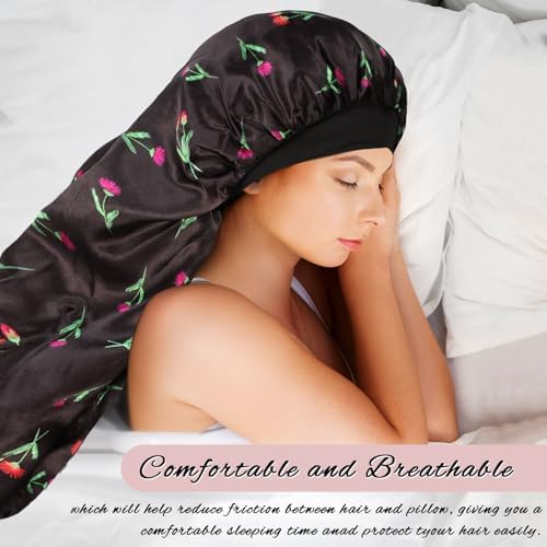2Pcs Long Satin Bonnet Sleep Cap for Women, Black+Green Pattern - Image 4