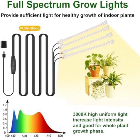 4 Head 9.4'' Grow Light Strips, 3000K Full Spectrum for Indoor Plants Plant Light with 3/9/12H Timer & 10 Dimmable Levels, LED Grow Lamp for Succulents, Seedlings,Hydroponics & Greenhouse - Image 2