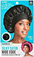 KISS Colors & Care Silky Satin Wide Edge Double Wear Cap XL, Black, Double Sided Reversible Design, Premium Charmeuse Fabric, Protects styles & Retains Moisture, Slip-Free, Comfortable & Durable Overnight Hair Bonnet, All Hair Types & Styles by KISSCOLORSCARE