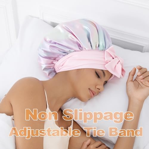 GDTOGRT Satin Silk Bonnet for Sleeping Women - Double Layer Sleep Hair Bonnets Caps for Curly Braid Hair with Tie Band - Image 4
