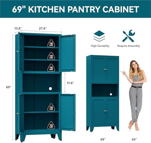 Bevivog Tall Pantry Cabinet with Microwave Shelf, 69" Metal Storage Cabinet with 4 Doors and Adjustable Shelves,Freestanding Metal Kitchen Hutch Cabinet, Blue Pantry Closet Storage Shelves with Doors - Image 2
