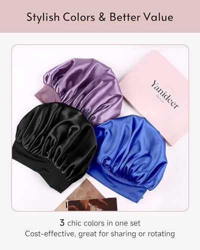 Yanideer 3 Pcs Satin Bonnet for Sleeping Double Layer Hair Bonnets for Women with Elastic Band - Image 7