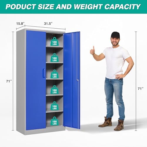 Metal Cabinet with 5 Adjustable Shelves,6 Tier Garage Storage Cabinet with Lock,Gray Blue Metal Storage Cabinet with Locking Doors,Steel Cabinets,71" Lockable Storage Cabinets for Home,Office,Garage - Image 2