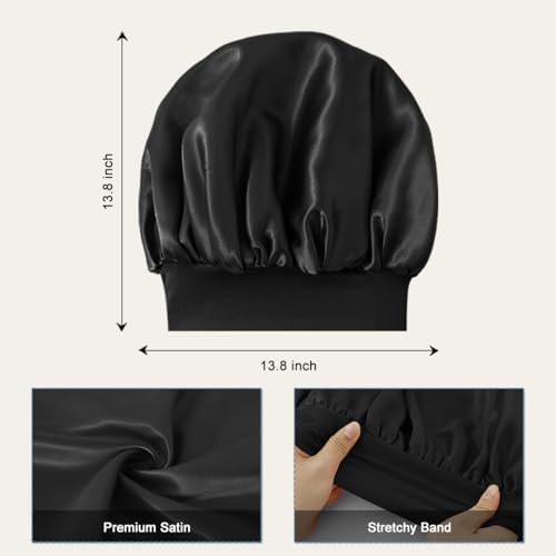 2 PCS Satin Silk Bonnet for Men Women, Hair Bonnet for Sleeping Men with Elastic Band, Large Silk Bonnet for Women Curly Hair Braids (Black+Black) - Image 3