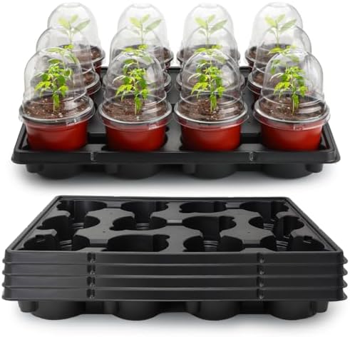 RooTrimmer 4 Inch 60 Pack Nursery Pots with Humidity Domes & 5 Pack 12 Cell Round Seedling Pot Carrying Trays, Sturdy Seeds Starter Pot Germination Set, Small Planter Nursery Propagation 5 Sets by RooTrimmer