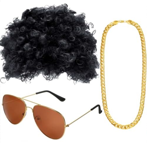 Gejoy Mens Disco Costume Set, 70s Afro Wig Glasses Chain, Black Hair by Unknown