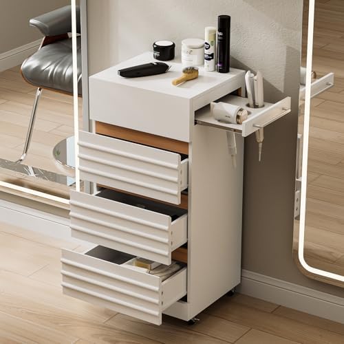 Salon Trolley Cart with Lockable Wheels, Rolling Hair Cart with 3 Dryer Holders for Hair Stylist, Wall Mount Makeup Organizer Stations Cabinet for Beauty Spa Barbershop Tattoo(White) - Image 2