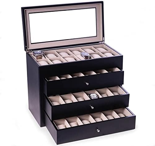 Bey-Berk Stanley 48 Slot Watch Box (Black), Matte Wood Watch Storage Chest with Glass Top, 3 Drawers & Velour-Lined Cushions - Image 2