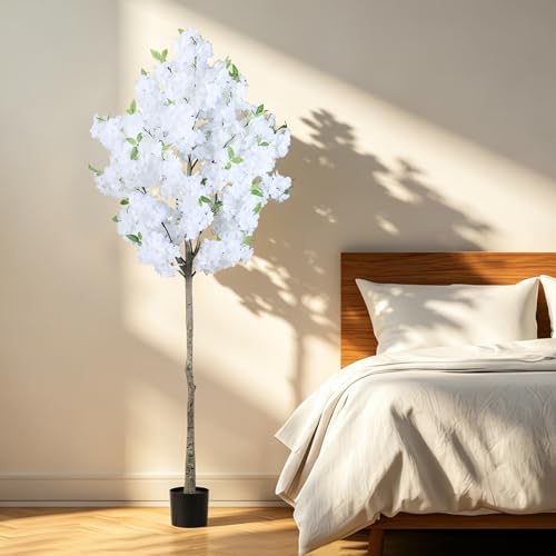 Artificial Cherry Blossom Tree Fake Plants Faux White Sakura Flowers, 6FT - Image 4