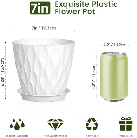 Meowell 7 inch Plant Pots for Indoor Outdoor Plants, 5 Pack Thick Nursery Pots with Drainage Holes and Saucers, 3D Modern Wave Texture Plastic Planter Pots for Flowers and House Plants, White - Image 2