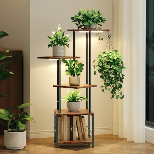 Plant Stand Indoor with Grow Light - 5-Tier Metal Plant Shelf with Hanging Basket Hook, Corner Tall Flower Holder for Multiple Plants, Living Room Balcony Garden Patio, Rustic Brown by Homsorout