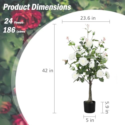 Romantic season 2Pack Artificial Rose Flower Trees, 42Inch White Faux Rose Tree with Green Leaves for Living Room Office Home Outdoor Indoor Decor - Image 3