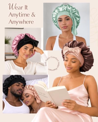 BONNET QUEEN Silk Bonnet for Sleeping Women HYALURONIC Acid Reversible Double Layer Satin Bonnet Night Sleep Cap Wrap for Curly Hair with Adjustable Tie Band & Scrunchie, Champagne & Brown - Image 5