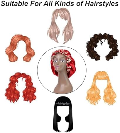 Silk Bonnet for Sleeping Satin Bonnets Double Layer Reversible Hair Cap Bonnet for Women Long Curly Braid Hair (Red) - Image 6