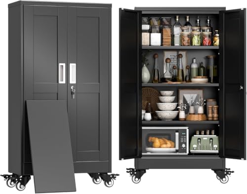 47" Metal Garage Storage Locker Cabinet with Wheels,Rolling Black Kitchen Pantry Cabinet with 2 Doors and 3 Adjustable Shelves, Steel File Tool Cabinet for Home Office Living Dinning Room Warehouse by BAOLIWO